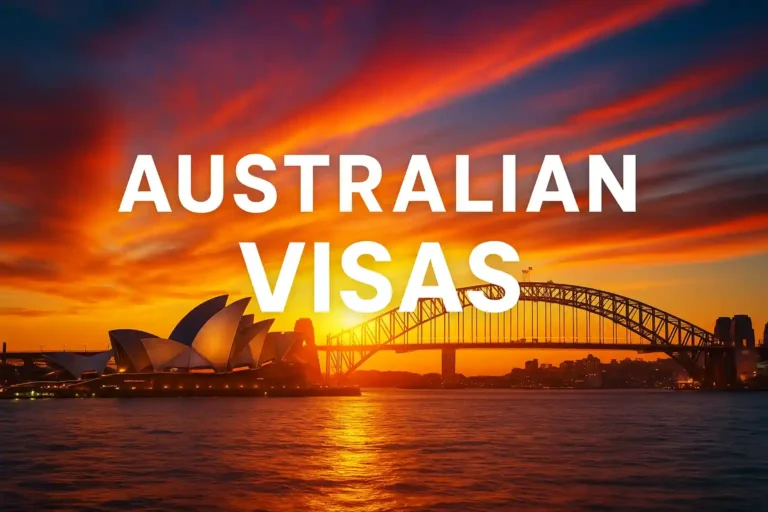 یک بنر سینمایی ویزای استرالیا با تصویر خانه اپرای سیدنی و پل بندرگاه در غروب آفتاب- ویزاهای استرالیا a cinematic Australian visas banner with Sydney Opera House and Harbour Bridge at sunset