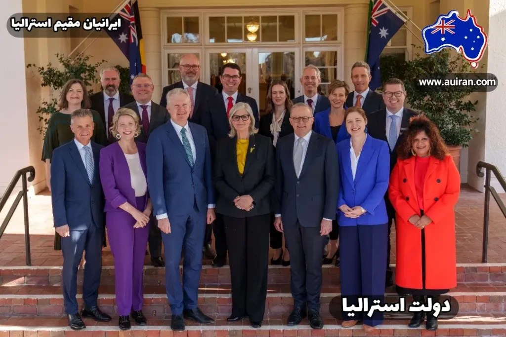 تصویر اعضای دولت استرالیا در مقابل ساختمان رسمی دولت همراه با پرچم‌های استرالیا برای نوشته دولت استرالیا: وظایف ملی، نحوه تعامل با ایالت‌های مختلف
