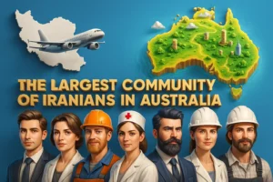 تصویر بزرگ‌ترین کامیونیتی ایرانیان مقیم استرالیا شامل مشاغل مختلف به صورت نمادین و نقشه ایران و استرالیا