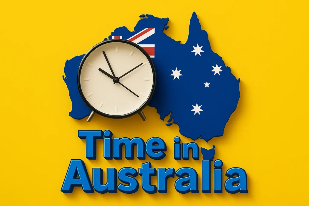 ساعت آنالوگ داخل نقشه آبی استرالیا با پس‌زمینه زرد متناسب با نام مقاله:زمان در استرالیا: بررسی کامل مناطق زمانی ایالت‌ها