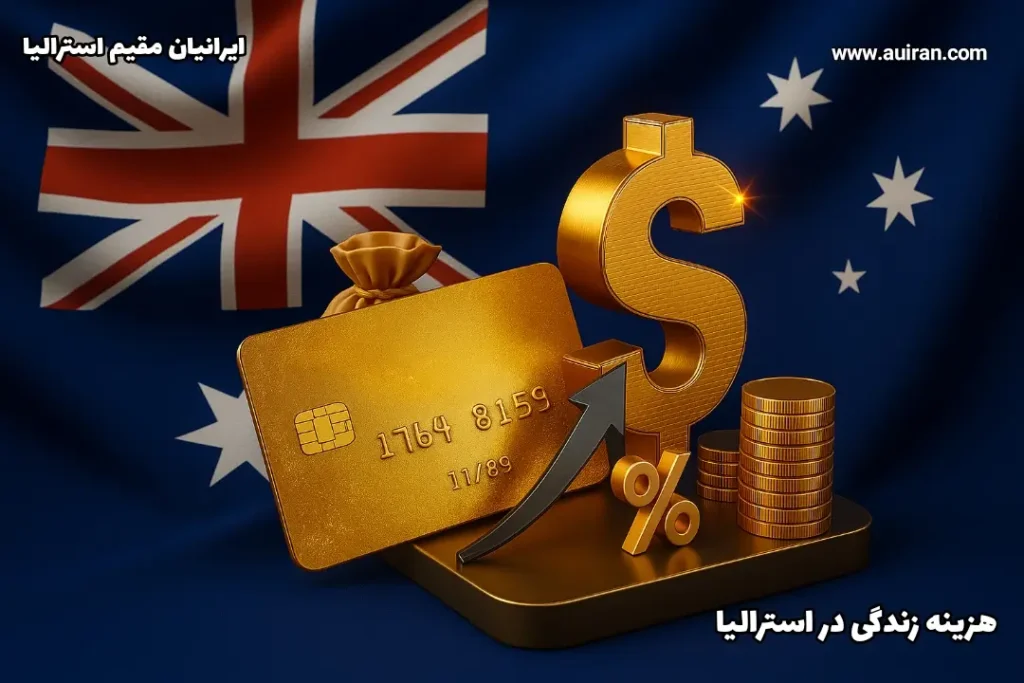 تصویر نمادین شامل پرچم استرالیا ، کارت بانکی طلایی و مسکوکات طلایی رنگ ، نوشتارهای روی عکس عبارتند از ایرانیان مقیم استرالیا و هزینه زندگی در استرالیا و اورال وبسایت