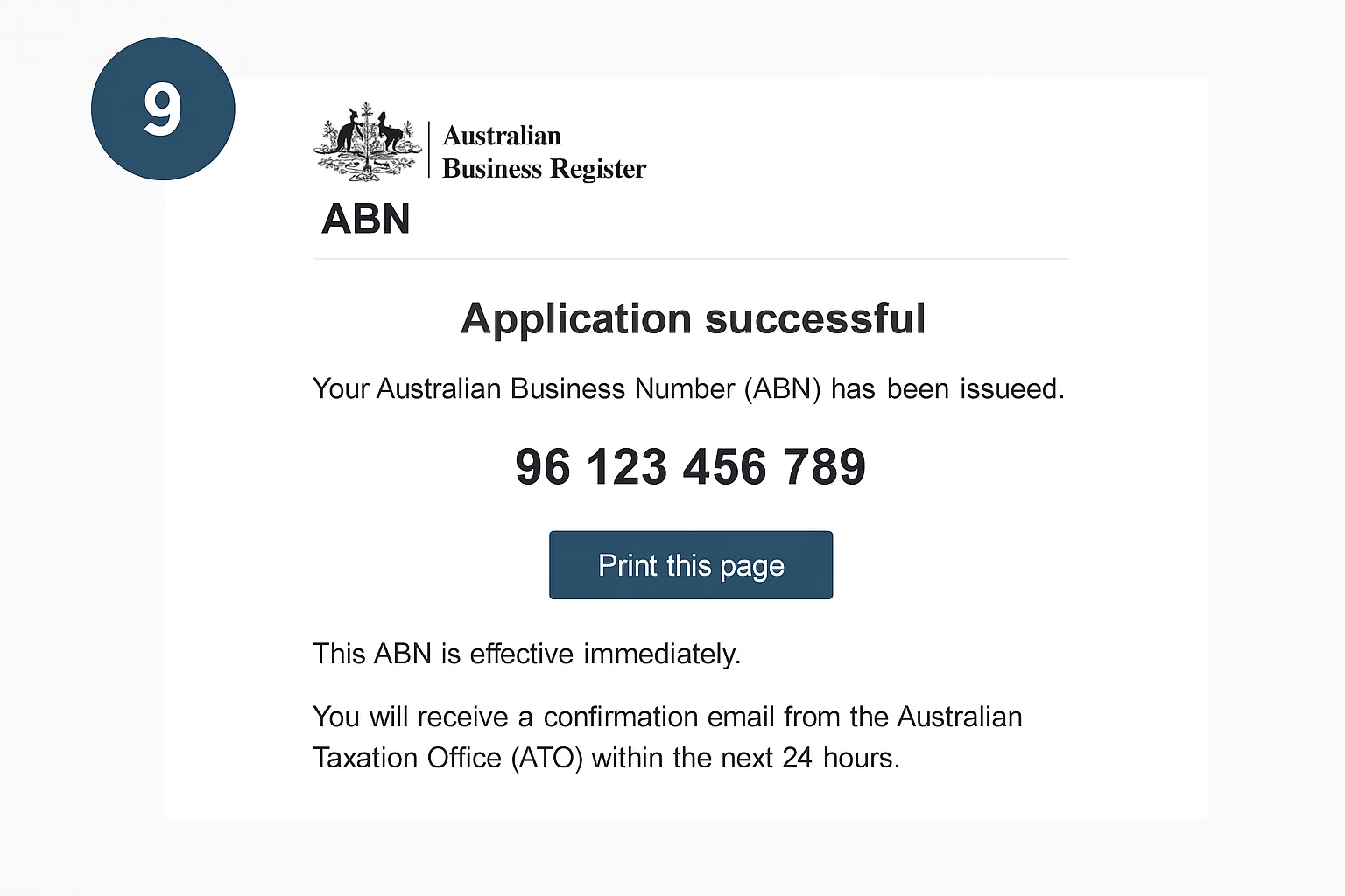 نمایش آنی شماره ABN روی صفحه تأیید پس از ثبت موفق