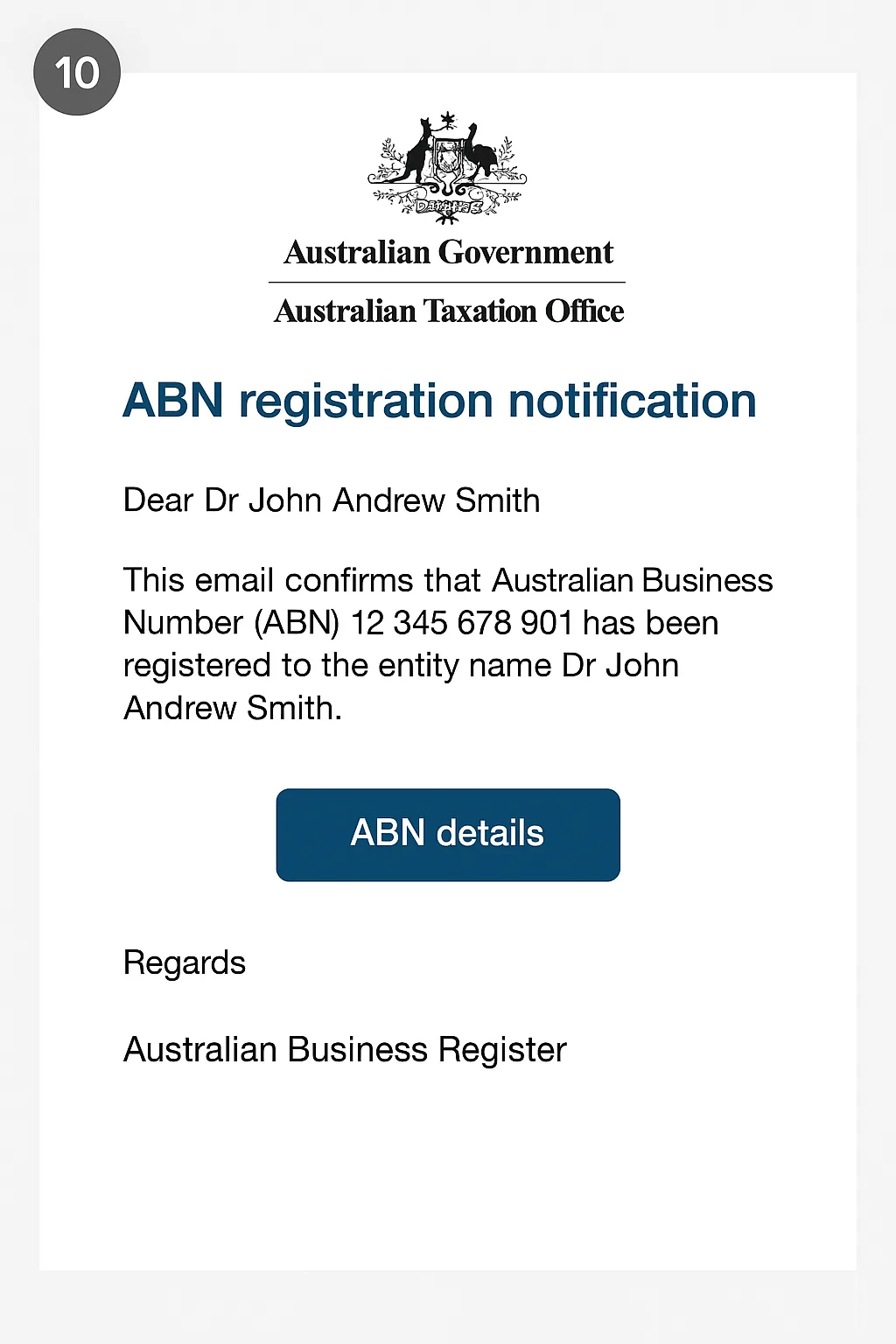 ایمیل رسمی تأیید شماره ABN از سوی ATO با جزئیات حساب
