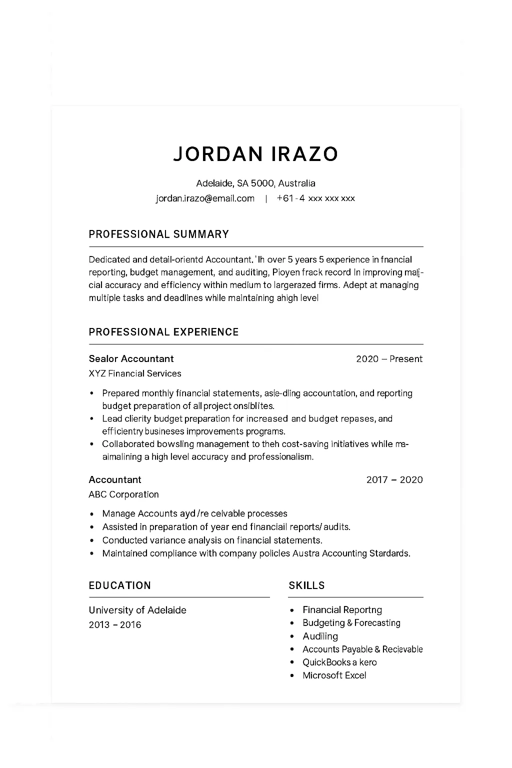 نمونه رزومه حسابداری استرالیا با مهارت‌های Xero، QuickBooks و گزارش‌گیری مالی