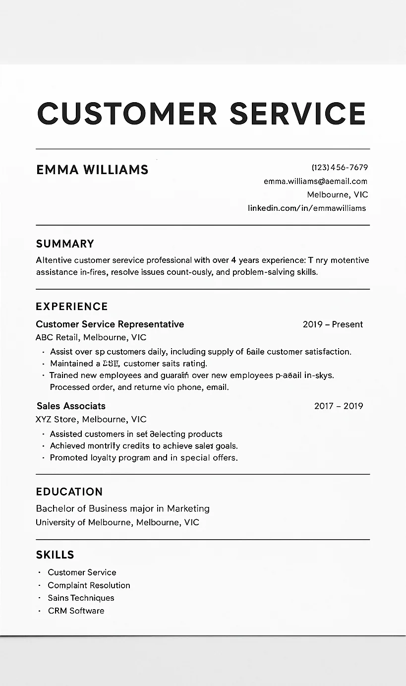 نمونه رزومه خدمات مشتری و فروش استرالیا با Communication، CRM و Sales Strategy