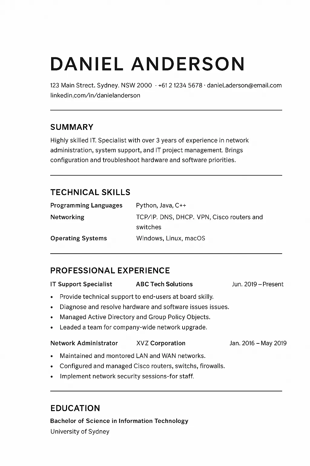 نمونه رزومه استرالیایی حوزه IT با مهارت‌های Python، AWS، Azure و DevOps