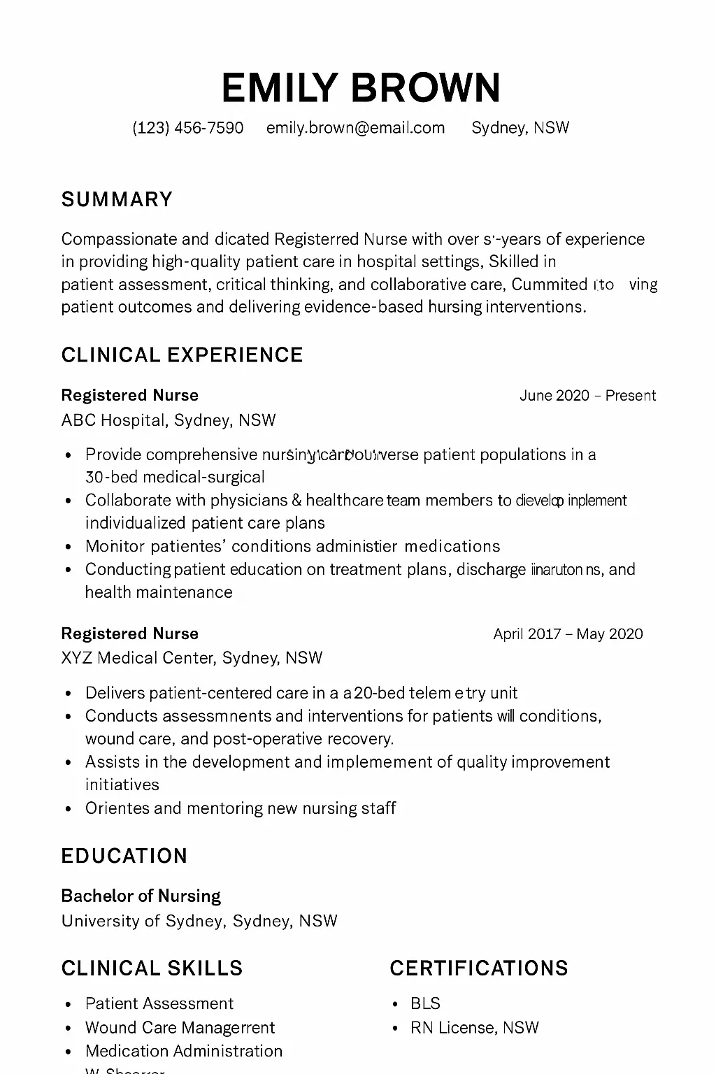نمونه رزومه پرستاری استرالیا با Patient Care و Clinical Skills