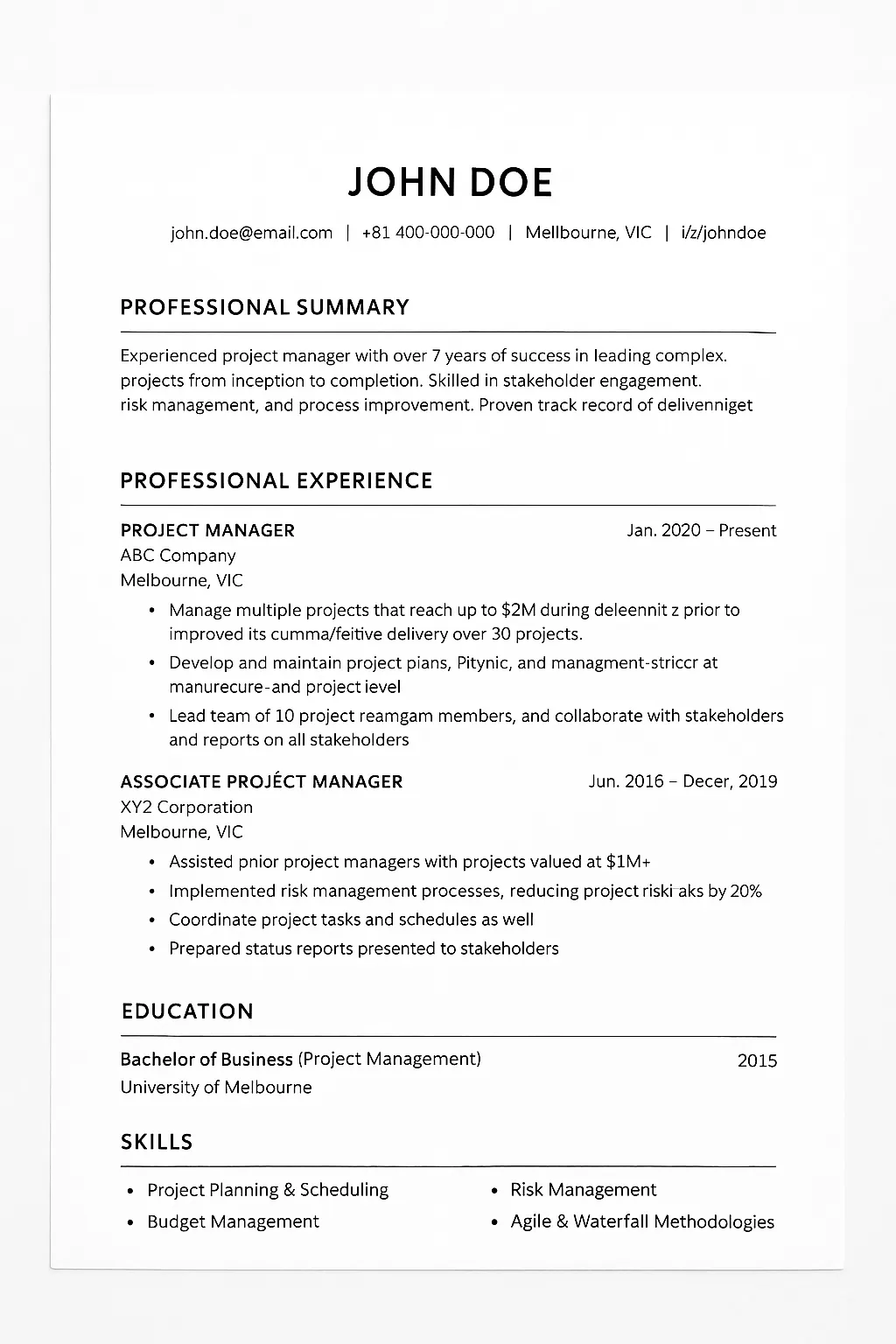 نمونه رزومه مدیریت پروژه استرالیا با Agile، Scrum و مدیریت ریسک
