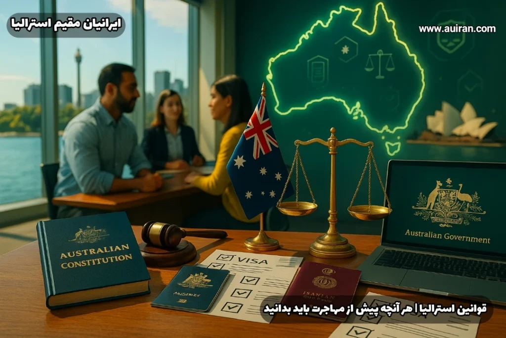 میز مشاوره حقوقی با قانون اساسی استرالیا، ترازوی عدالت و پرچم؛ در پس‌زمینه نقشه نئونی استرالیا و گفت‌وگوی مهاجران. قوانین استرالیا 2026 | هرآنچه پیش از مهاجرت باید بدانید