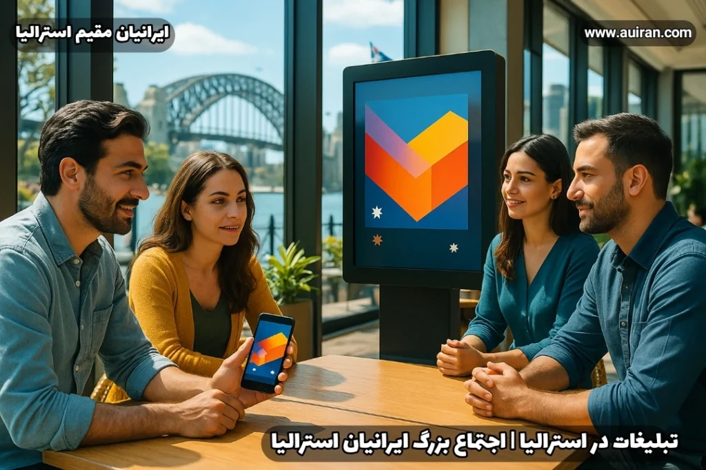 تیم ایرانیان استرالیا در کافه‌ای رو به پل هاربر سیدنی در حال برنامه‌ریزی تبلیغات؛ نمایشگر دیجیتال با طرح کمپین کنار میز - تبلیغات در استرالیا