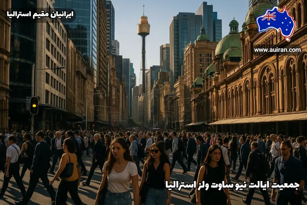 جمعیت پررفت‌وآمد در مرکز شهر سیدنی، نمایی از خیابان‌های شلوغ و جمعیت ایالت نیو ساوت ولز استرالیا