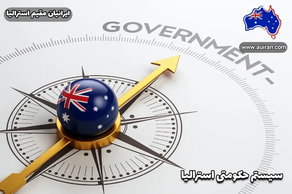 قطب‌نمای طلایی با پرچم استرالیا در مرکز که به کلمه Government اشاره دارد - سیستم حکومتی استرالیا