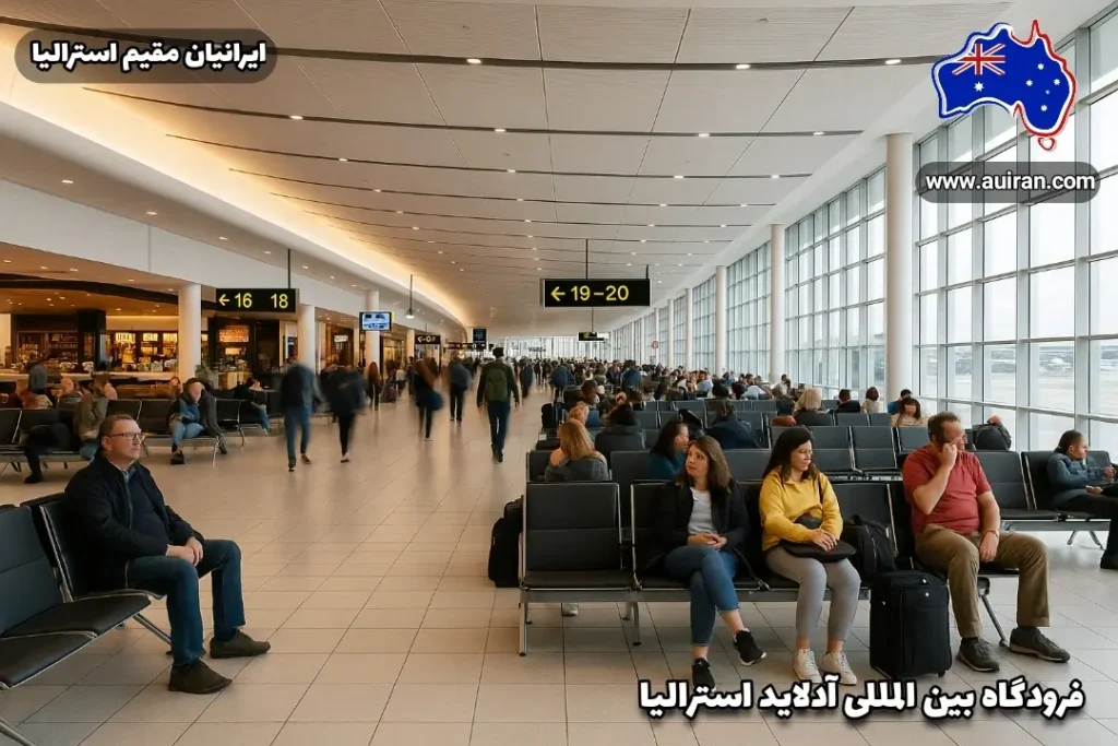 سالن ترانزیت فرودگاه آدلاید استرالیا با مسافران در حال انتظار و رفت‌وآمد