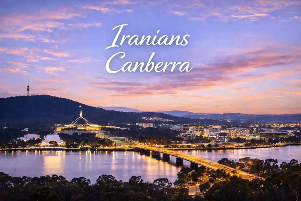 نمای پانورامای CBD کانبرا در غروب روشن با دریاچه برلی گریفین و ساختمان‌های دولتی، همراه با نوشته Iranians Canberra