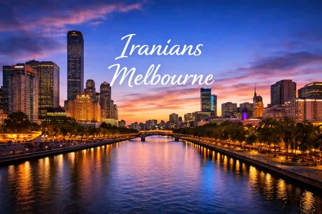 نمای پانورامای CBD ملبورن در غروب با رود یارا و آسمان‌خراش‌ها، همراه با نوشته Iranians Melbourne