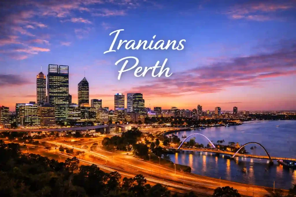 نمای پانورامای CBD پرت در غروب با رود سوان و پل‌های شهری، همراه با نوشته Iranians Perth