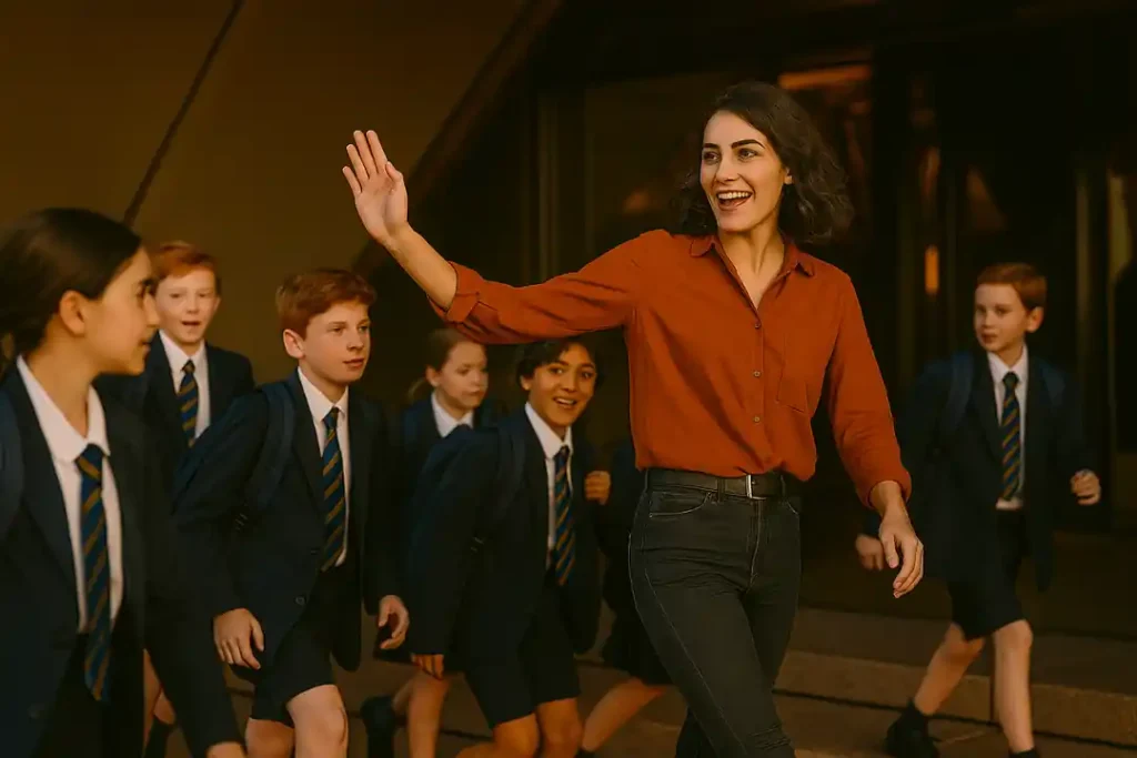 خانم معلم ایرانی در حال هدایت دانشآموزان مدرسه استرالیایی برای ورود به اپرا هاوس سیدنی