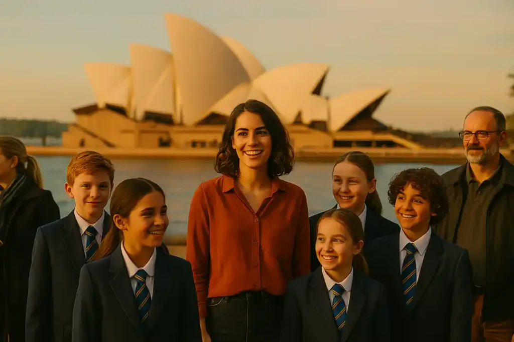 خانم معلم ایرانی در اردوی آموزشی مدرسه استرالیایی مقابل اپرا هاوس سیدنی