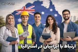 نمایی از ایرانیان شاغل در حوزه‌های مختلف در استرالیا شامل پزشک، مهندس، پرستار و نیروی فنی با پس‌زمینه نقشه استرالیا