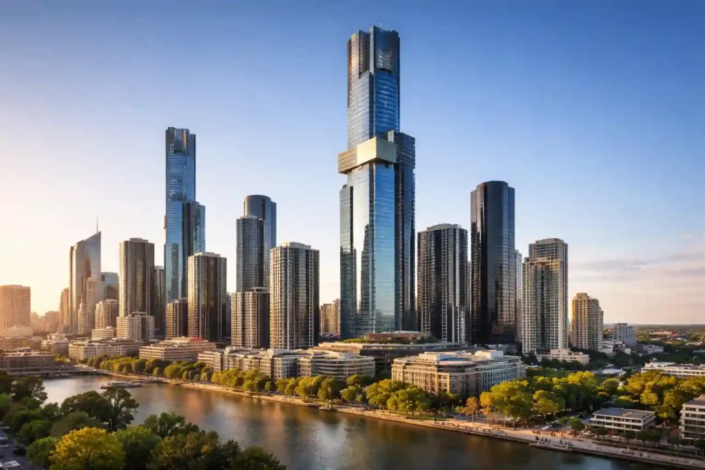 نمای افقی از برج Australia 108 در منطقه ساوت‌بنک ملبورن