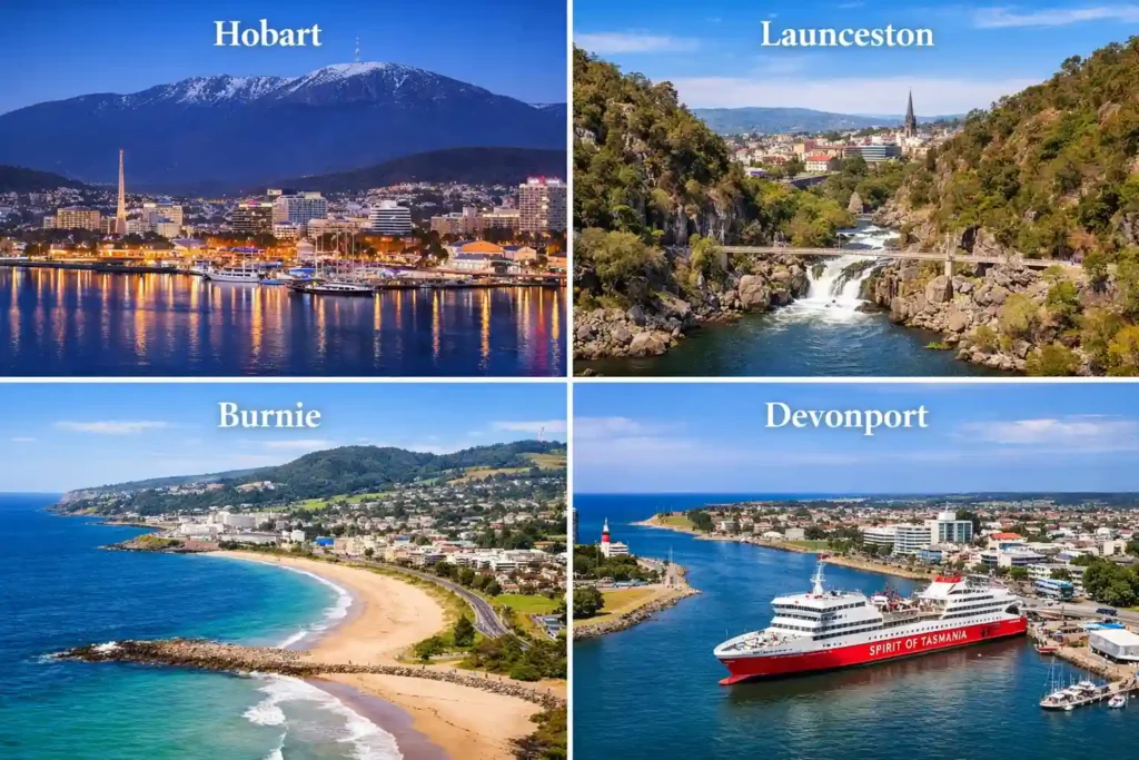 نمای چهارگانه از شهرهای مهم ایالت تاسمانی شامل Hobart، Launceston، Burnie و Devonport در استرالیا