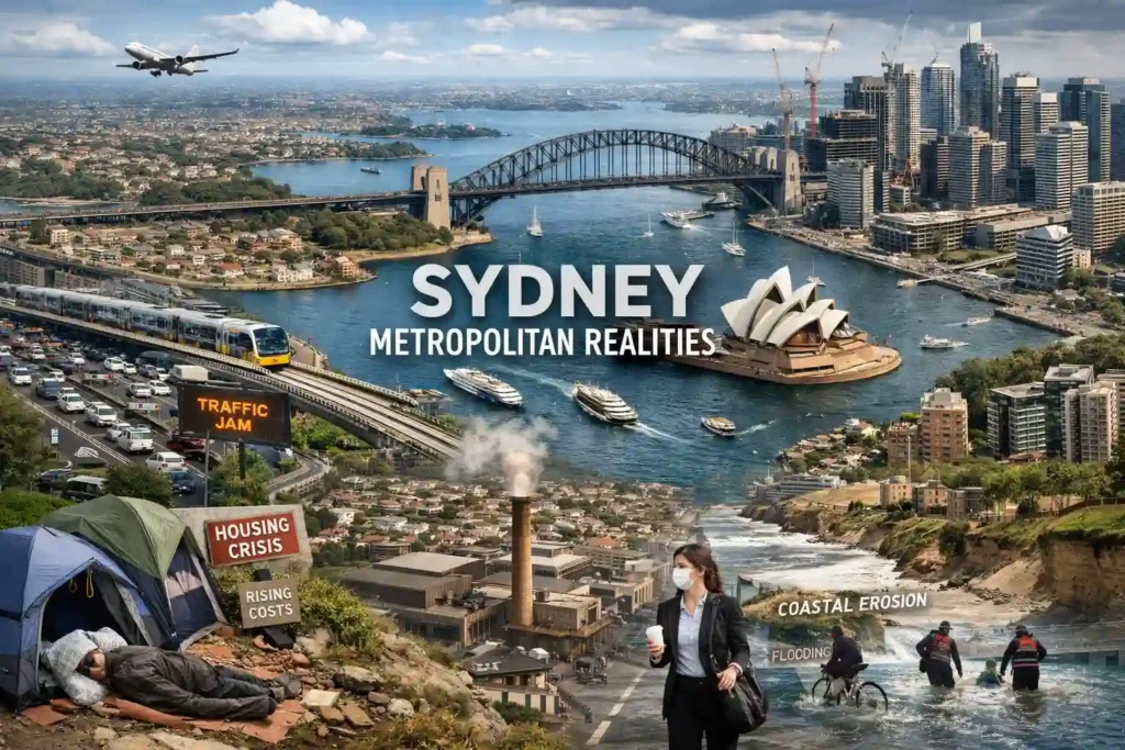 واقعیت‌های ساختار شهری و متروپولیتن سیدنی شامل تراکم شهری، حمل‌ونقل، مسکن و چالش‌های شهری