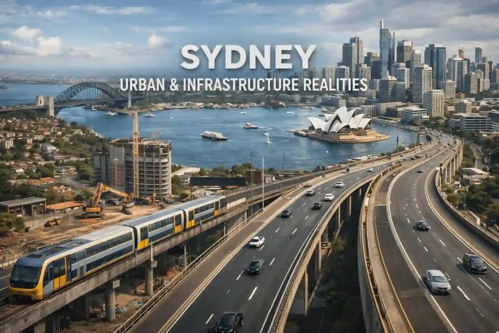 واقعیت‌های زیرساختی و شهری سیدنی شامل حمل‌ونقل، بزرگراه‌ها، قطار شهری و توسعه شهری