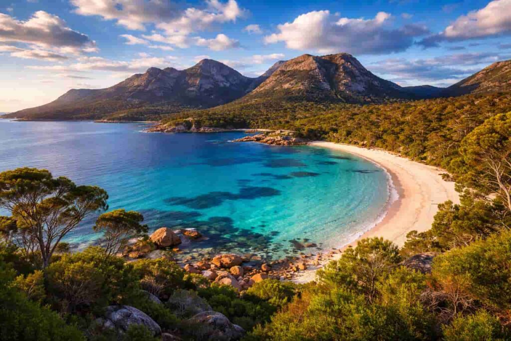 منظره طبیعی و ساحلی ایالت تاسمانی استرالیا با آب‌های فیروزه‌ای، ساحل شنی سفید و کوهستان‌های سرسبز در پس‌زمینه