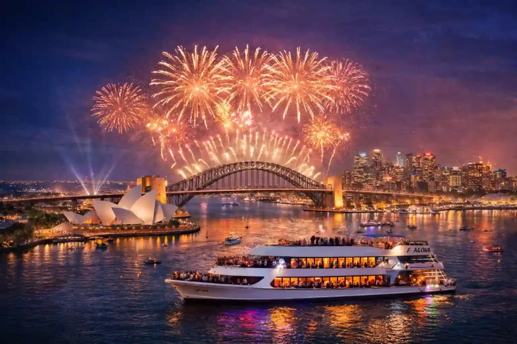 تماشای آتش‌بازی سال نو سیدنی از کشتی کروز در بندر سیدنی با نمای پل هاربِر و اپرای سیدنی