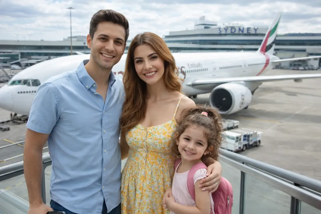 خانواده سه نفره ایرانی در فرودگاه سیدنی کنار هواپیمای امارات، آماده شروع زندگی جدید در استرالیا. با کمک گروه های تلگرامی و تخصصی استرالیا توانستند مهاحرت کنند