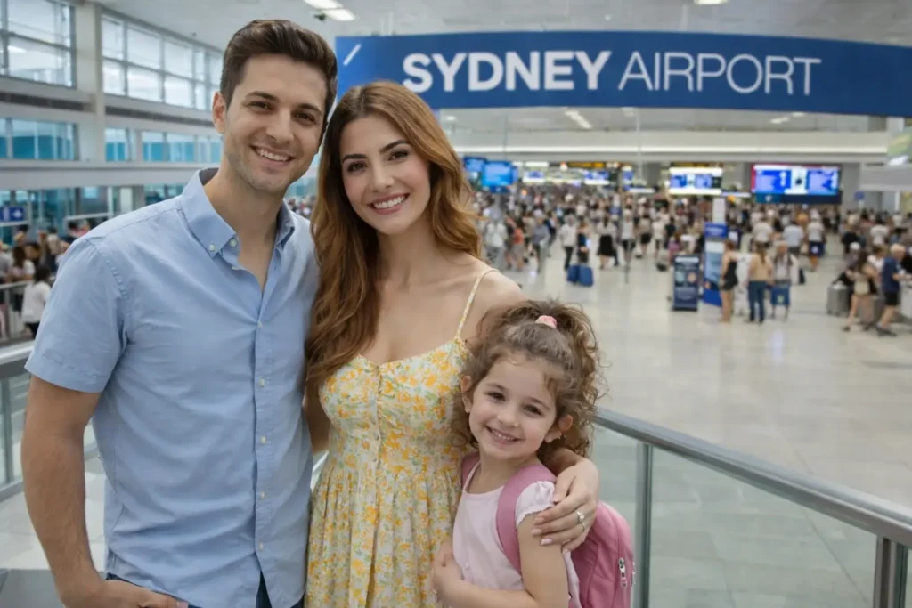 درباره ما: خانواده سه‌نفره ایرانی داخل سالن فرودگاه سیدنی پس از ورود، در کنار هم ایستاده‌اند و لبخند می‌زنند.