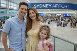 درباره ما: خانواده سه‌نفره ایرانی داخل سالن فرودگاه سیدنی پس از ورود، در کنار هم ایستاده‌اند و لبخند می‌زنند.