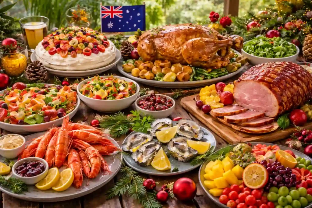 سفره کریسمس استرالیایی با بوقلمون بریان، هم گلیز شده، غذاهای دریایی، سالادهای تابستانی و دسر پاولوا روی میز چوبی در فضای باز