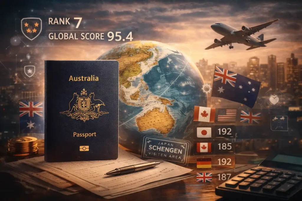 پاسپورت استرالیا در کنار کره زمین و هواپیما با نمایش رتبه جهانی و اعتبار بین‌المللی