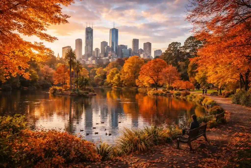 پارک Royal Botanic Gardens ملبورن در پاییز با دریاچه و درختان نارنجی و نمای skyline شهر