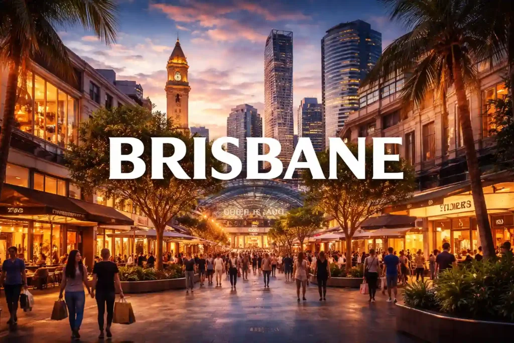 نمای سینمایی از مراکز خرید بریزبن در خیابان کویین استریت مال هنگام غروب، با نور گرم، جمعیت خریداران و آسمان‌خراش‌های مدرن پس‌زمینه.