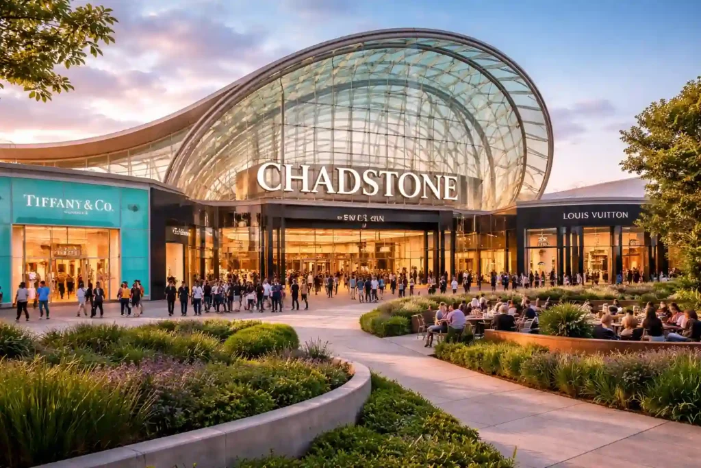 نمای بیرونی Chadstone Shopping Centre ملبورن با سقف شیشه‌ای منحنی و ورودی اصلی در نور غروب