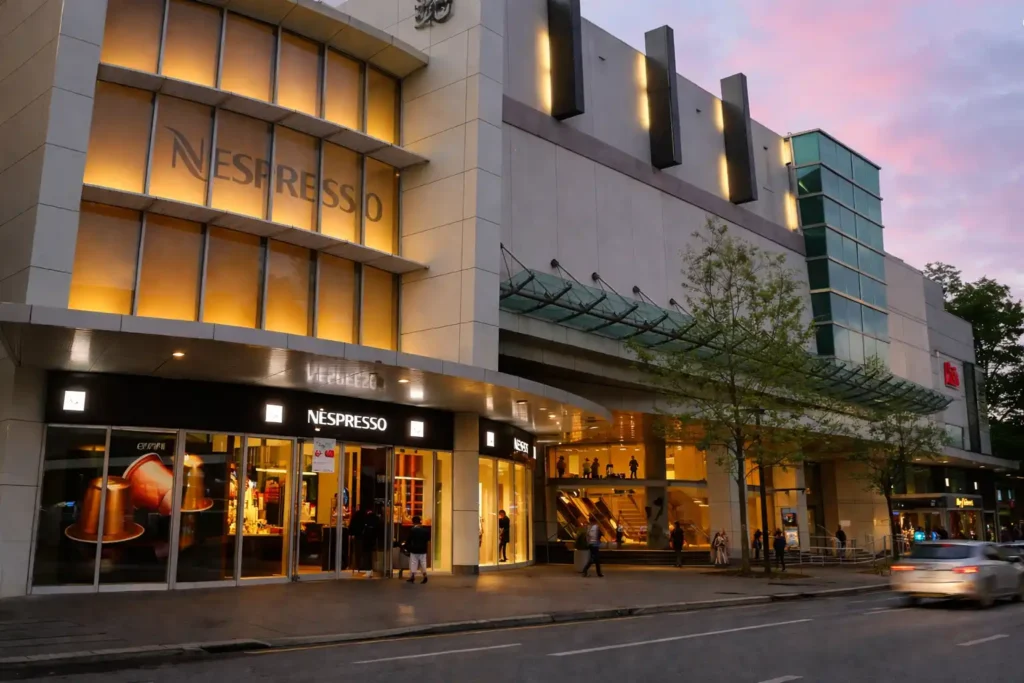 نمای بیرونی مرکز خرید Chatswood Chase Sydney با نمای مدرن، فروشگاه Nespresso در طبقه همکف، نورپردازی گرم و خیابان شهری در مقابل ساختمان.