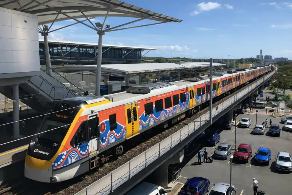 قطار Airtrain فرودگاه بریزبن با طراحی رنگارنگ در حال حرکت روی مسیر مرتفع در کنار ترمینال فرودگاه و پارکینگ خودروها.