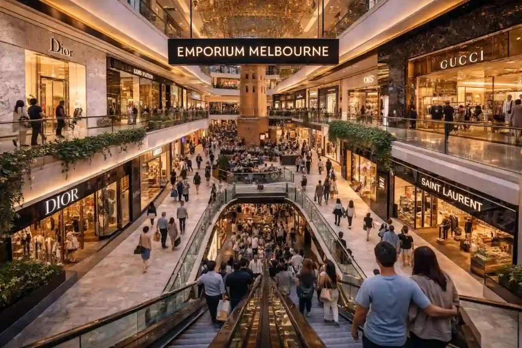 نمای داخلی Emporium Melbourne با فروشگاه‌های لوکس و فضای چندطبقه در قلب CBD ملبورن
