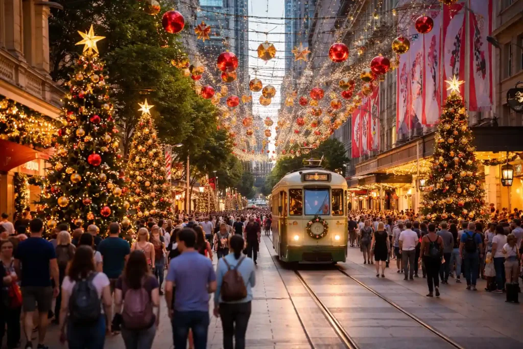 کریسمس در استرالیا - حال‌وهوای کریسمس در خیابان‌های ملبورن با تراموا، درخت‌های تزئین‌شده و نورپردازی گسترده شبانه