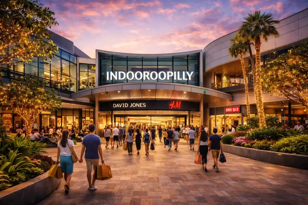 نمای ورودی مرکز خرید ایندوروپیلی در بریزبن هنگام غروب با نمای شیشه‌ای مدرن، نورپردازی گرم و حضور خریداران.
