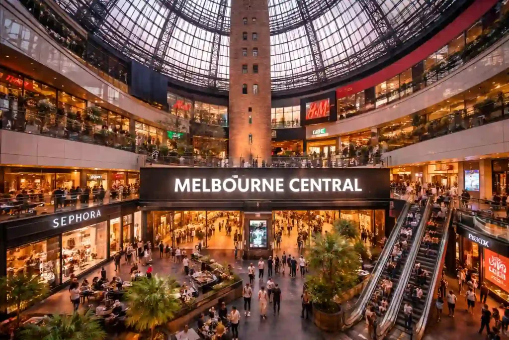 نمای داخلی Melbourne Central با گنبد شیشه‌ای و برج تاریخی Shot Tower در مرکز CBD ملبورن