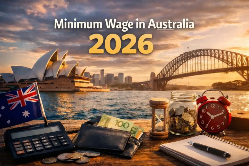 حداقل دستمزد در استرالیا 2026 با نمای اپرای سیدنی و پل هاربر، پول نقد، سکه، ماشین حساب و ساعت رومیزی