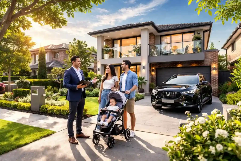 خانواده ایرانی در حال بازدید از خانه ویلایی در دانکستر ملبورن همراه با مشاور املاک و خودروی پارک شده مقابل خانه - روابط مالک و مستاجر در استرالیا