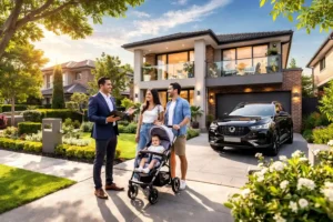 خانواده ایرانی در حال بازدید از خانه ویلایی در دانکستر ملبورن همراه با مشاور املاک و خودروی پارک شده مقابل خانه - روابط مالک و مستاجر در استرالیا