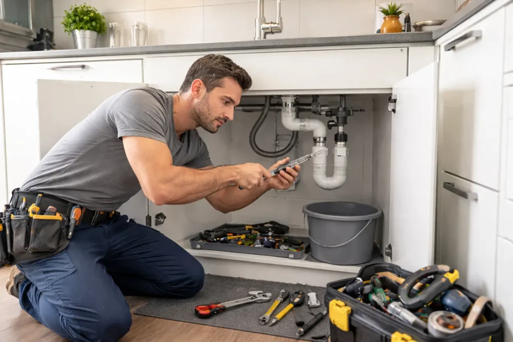 تعمیرات فوری لوله‌کشی زیر سینک آشپزخانه در خانه اجاره‌ای در استرالیا توسط تکنسین فنی