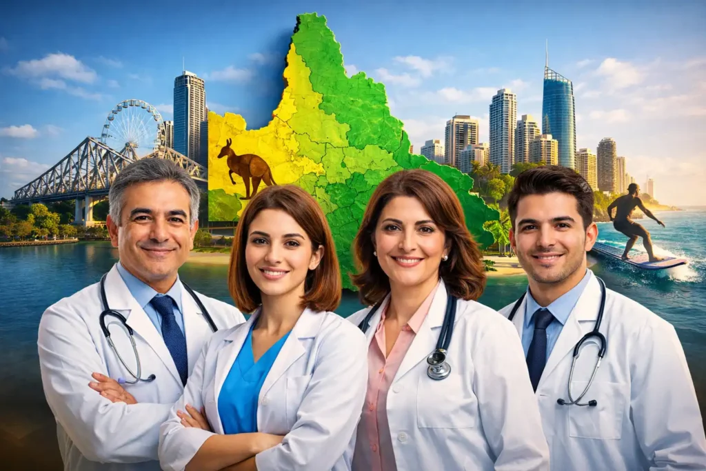 پزشکان ایرانی در ایالت کوئینزلند با پس‌زمینه نقشه Queensland و نمای شهرهای Brisbane و Gold Coast 20 پزشک GP ایرانی در ایالت کوئینزلند استرالیا