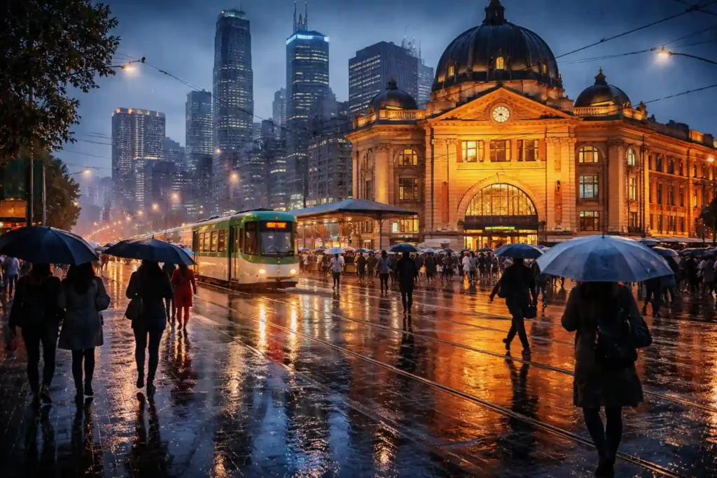 ملبورن در یک روز بارانی با مردم زیر چتر و تراموا مقابل ایستگاه Flinders Street - آب و هوای ملبورن