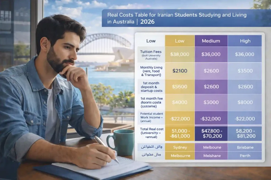 جدول هزینههای واقعی که شهریه و هزینههای زندگی دانشجویان ایرانی شاغل به تحصیل و زندگی در استرالیا را در سال ۲۰۲۶ نشان میدهد